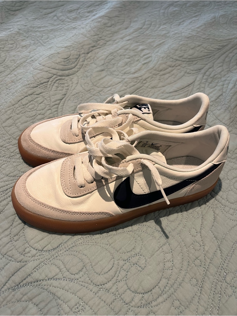 Brand New -Nike White Leather Sneakers with Navy Swoosh and Gum Sole